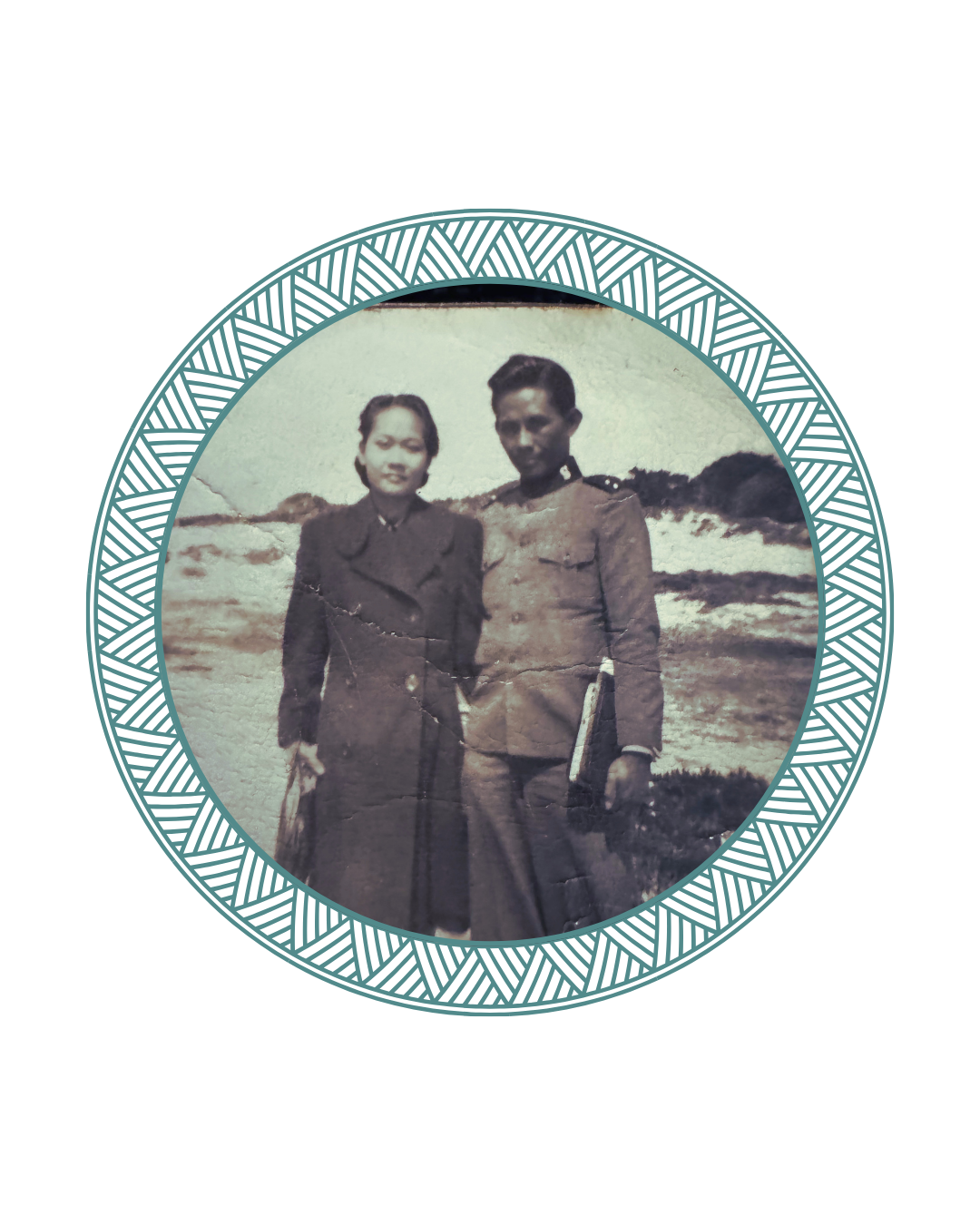 A black and white photo of a man and woman standing side by side outdoors. The woman is wearing a dark coat, and the man is in a military uniform with a book in his pocket. They are in front of a landscape with hills and clouds.