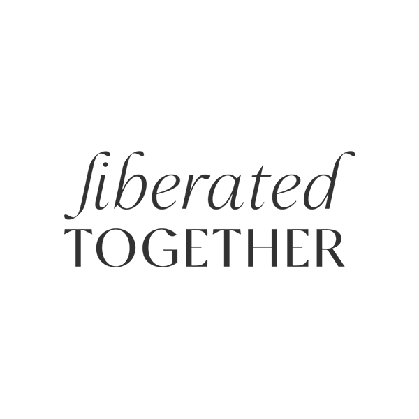 The image contains the word 'liberated' written in a cursive font above the word 'TOGETHER' in bold capital letters.