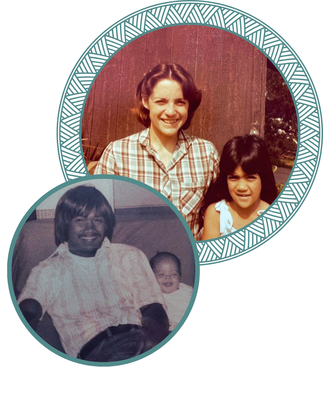 Two vintage photos, one of a woman and young girl outdoors and the other of a man and a baby indoors, both smiling.