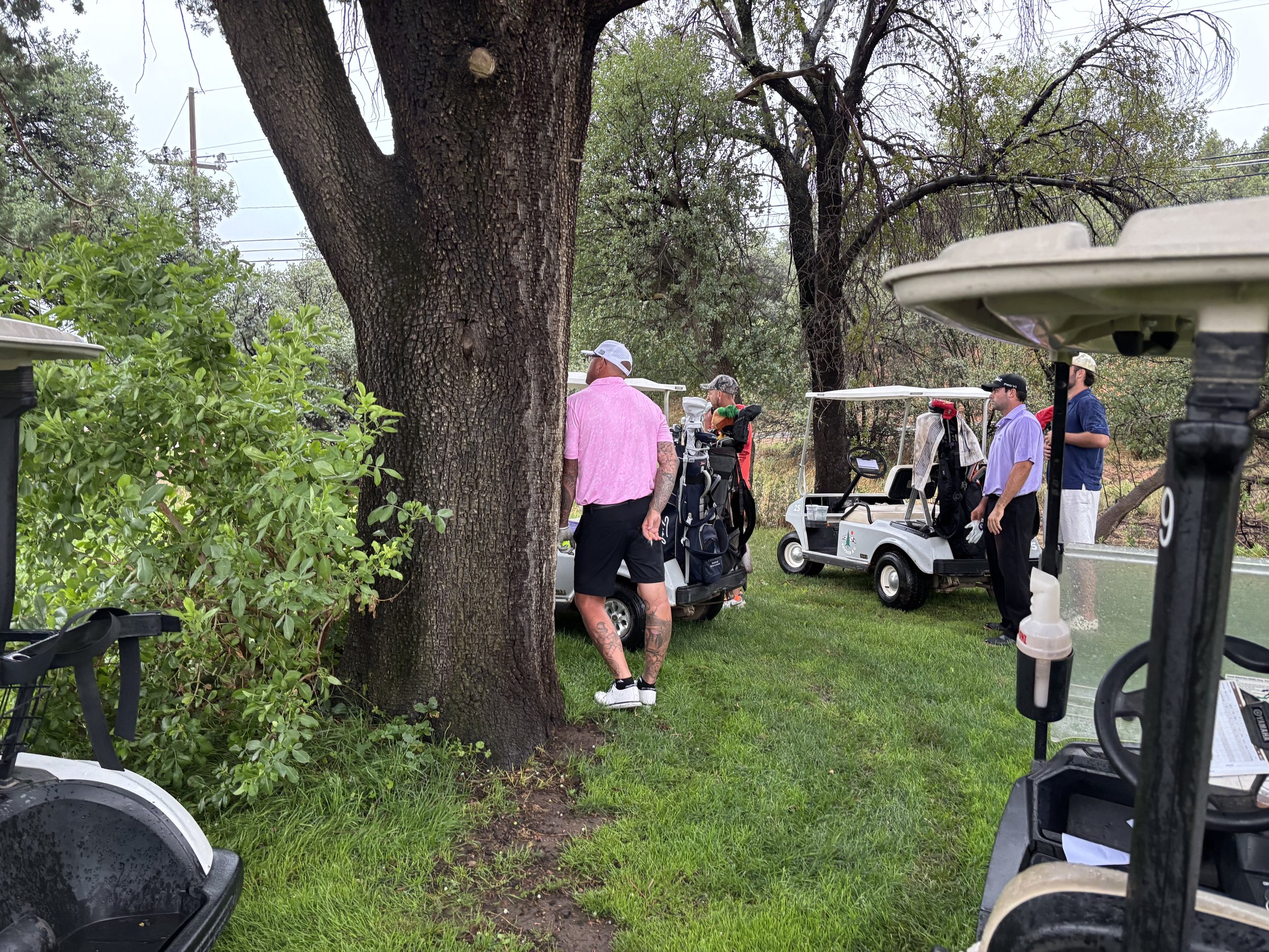 People standing near golf carts under trees on a golf course.
