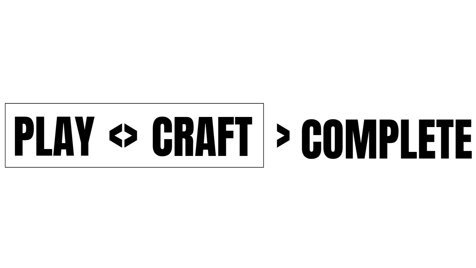 Graphic with the text 'PLAY', 'CRAFT', and 'COMPLETE', connected by arrows, with a small cube icon between 'PLAY' and 'CRAFT'.