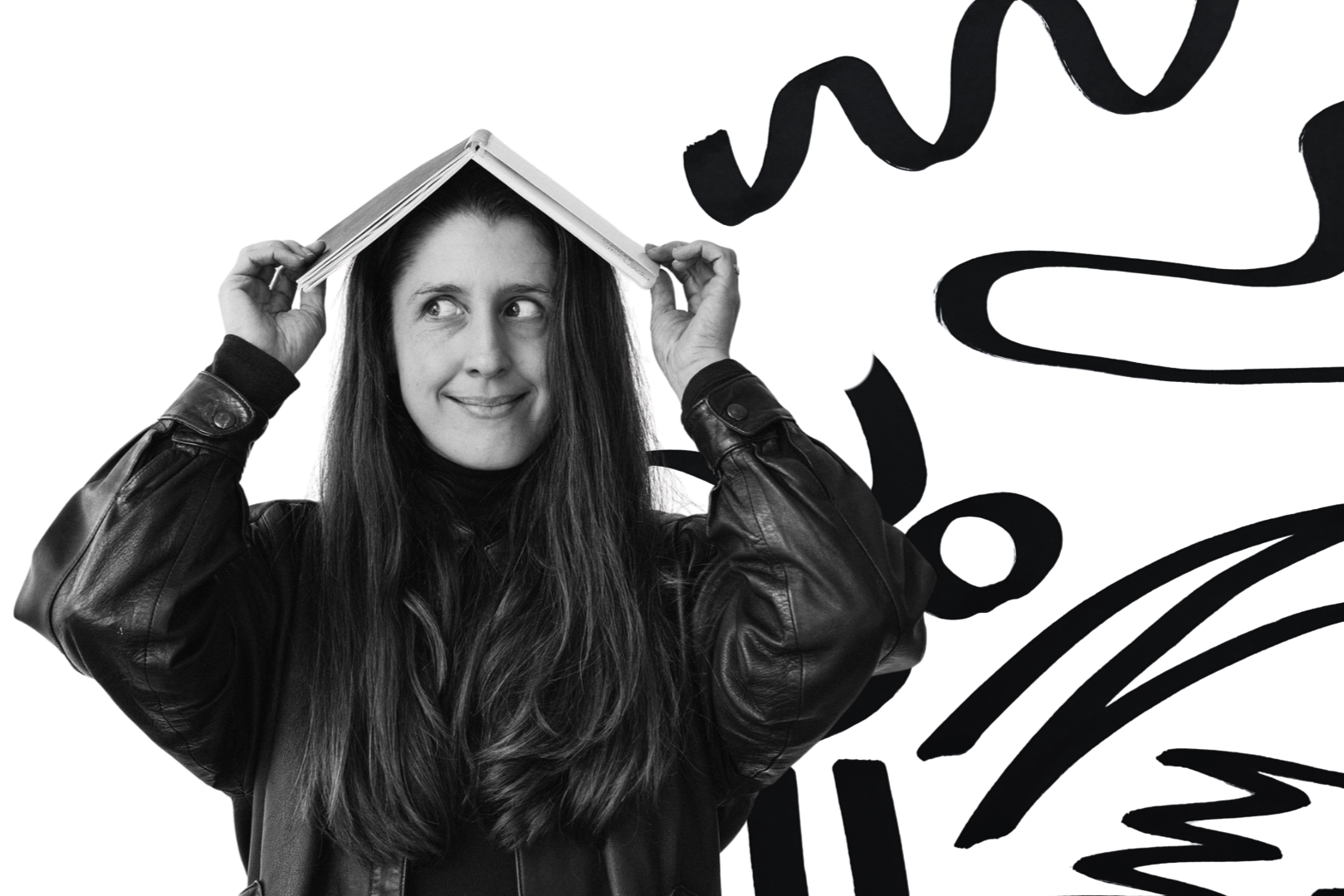 Black and white photo of Kate wearing a leather jacket, holding a book over her head like a roof, with a thoughtful expression, and colorful abstract graphic elements in the background.