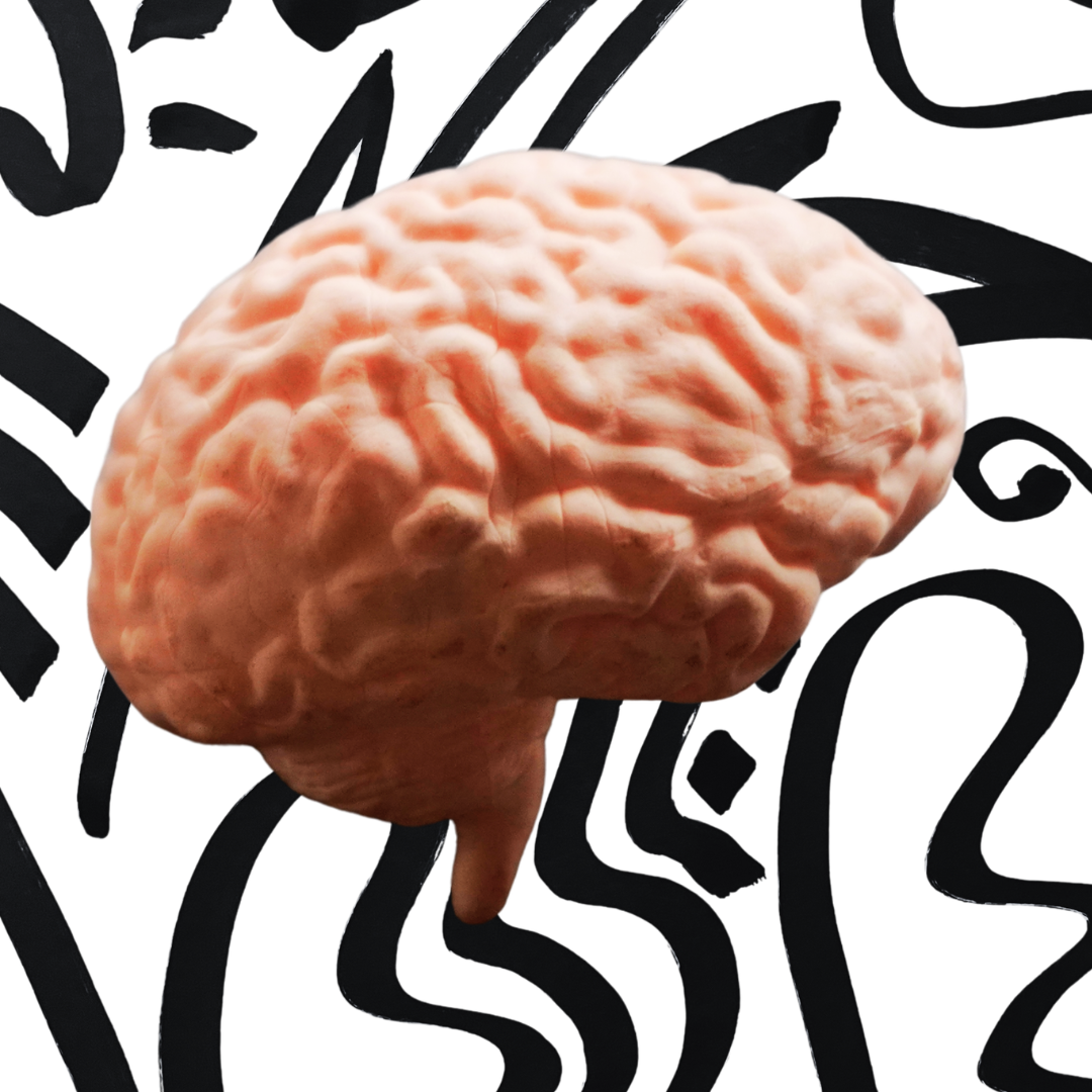 A human brain illustration on a black and white abstract doodle background.