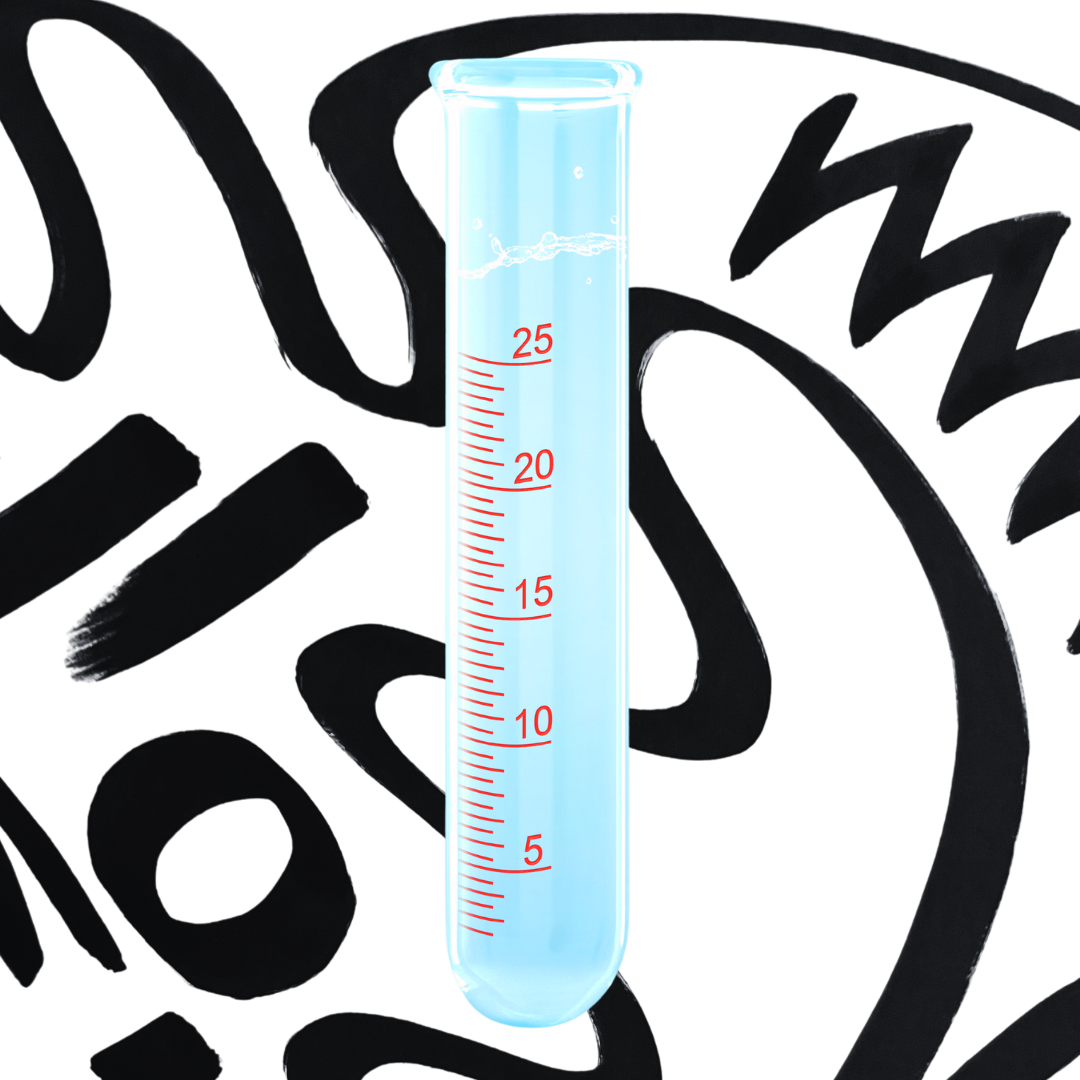 Test tube filled with blue liquid placed against a black and white abstract background.
