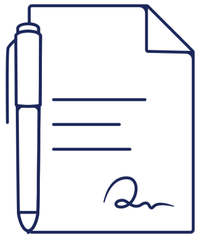 Outline of a document with lines of text, a signature line, and a pen on the left side.