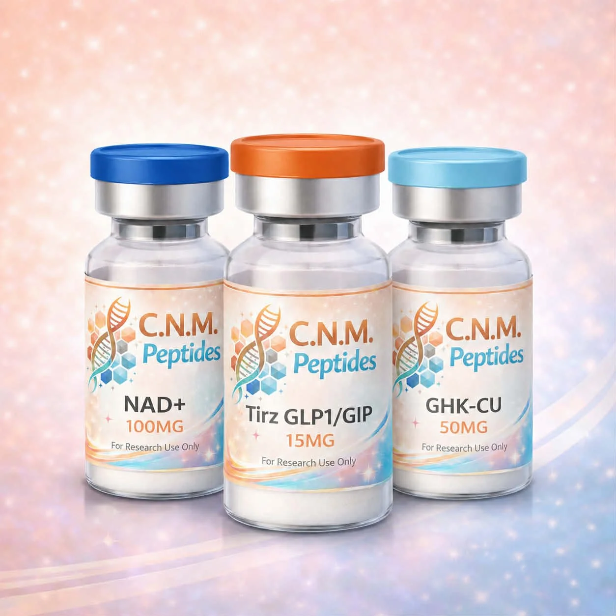 Three pharmaceutical vials labeled C.N.M. Peptides with colorful caps, containing research chemicals: NAD+ 100mg, Tirz GLP1/GIP 15mg, and GHK-CU 50mg, against a soft pastel background.