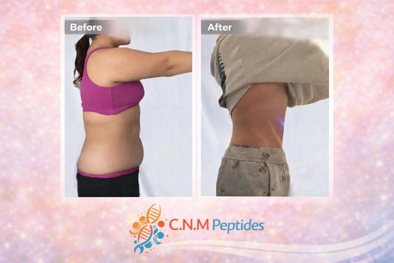 Side-by-side comparison of a woman's torso before and after using C.N.M Peptides. The 'before' shows a woman with more body fat, while the 'after' shows a leaner, more defined waistline.