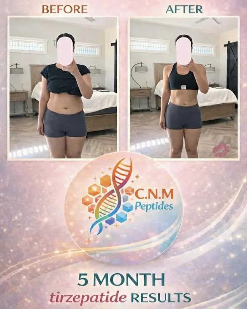 Side-by-side before and after photos showing a woman's weight loss progress over five months, with the woman standing in front of a bed in a bedroom, wearing workout attire. The before photo shows her with a fuller figure, and the after photo shows her slimmer. The text highlights the results after 5 months of using C.N.M Peptides, tirzepatide.
