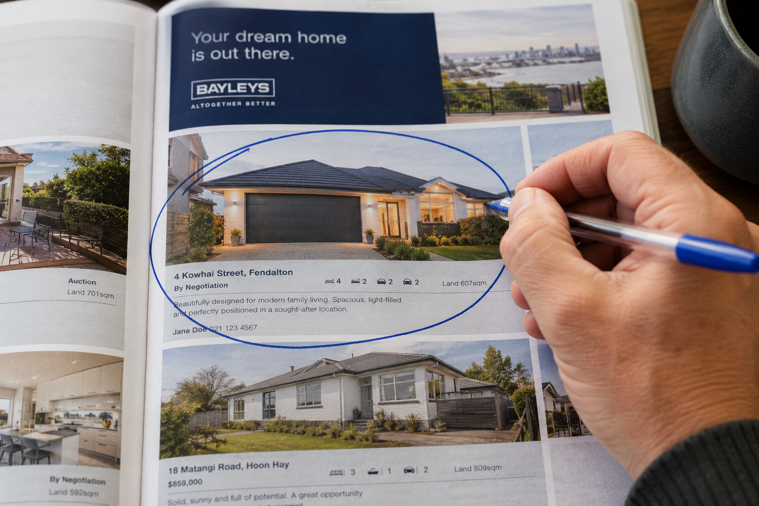 A person highlighting a property listing for a house at 4 Kowhai Street, Fendalton, in a real estate magazine.