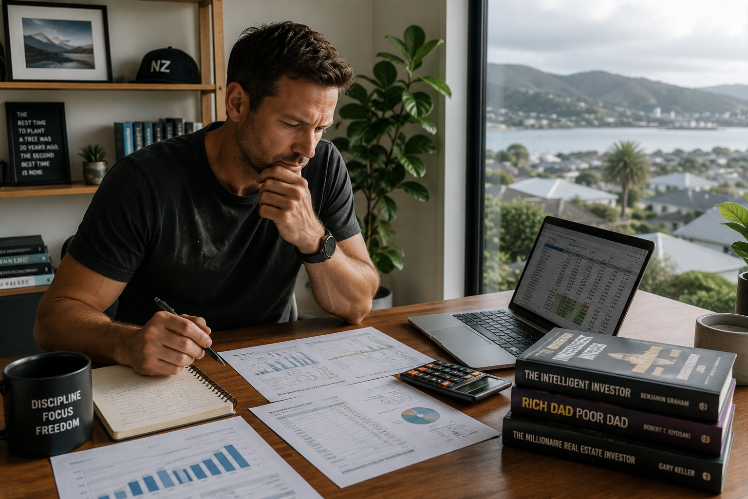 A man sitting at a desk looking at financial documents, with a laptop, calculator, and books about investing, in front of a large window showing a coastal landscape.