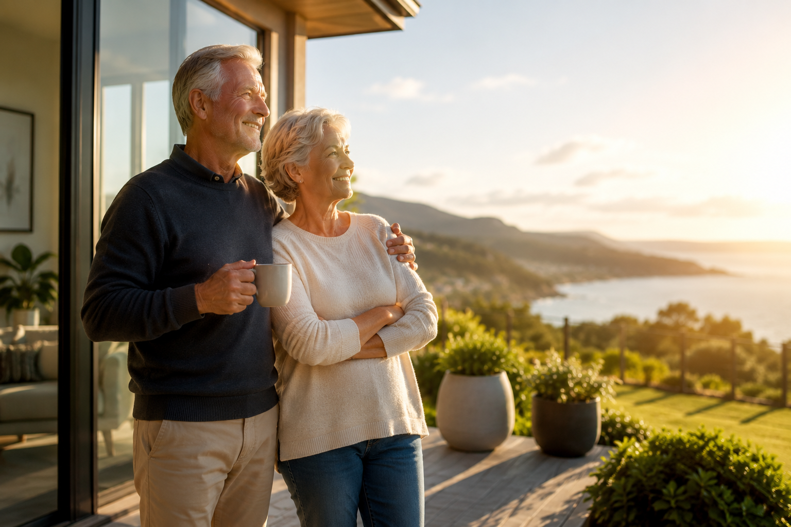 An elderly couple stands on a balcony overlooking a scenic lake and mountain landscape during sunset. The man holds a coffee mug, and they both smile, enjoying the view.