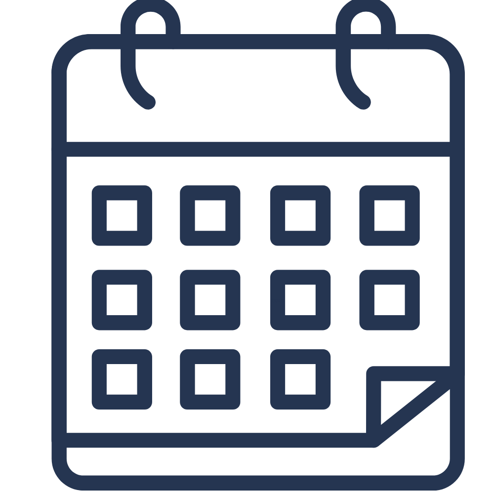 Icon of a calendar with a folded corner and grid of squares representing days.