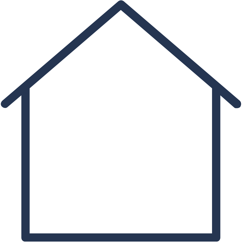 Outline of a house with a triangular roof and rectangular body, depicted in dark blue