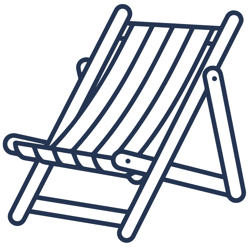Outline drawing of a folding deck chair.