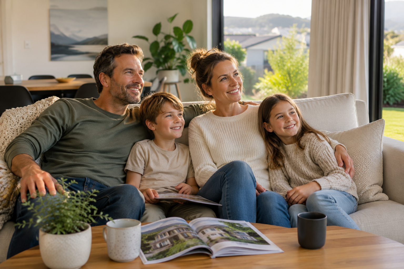 Family of four sitting on a sofa, looking happy and engaged, with a real estate magazine on the coffee table in front of them