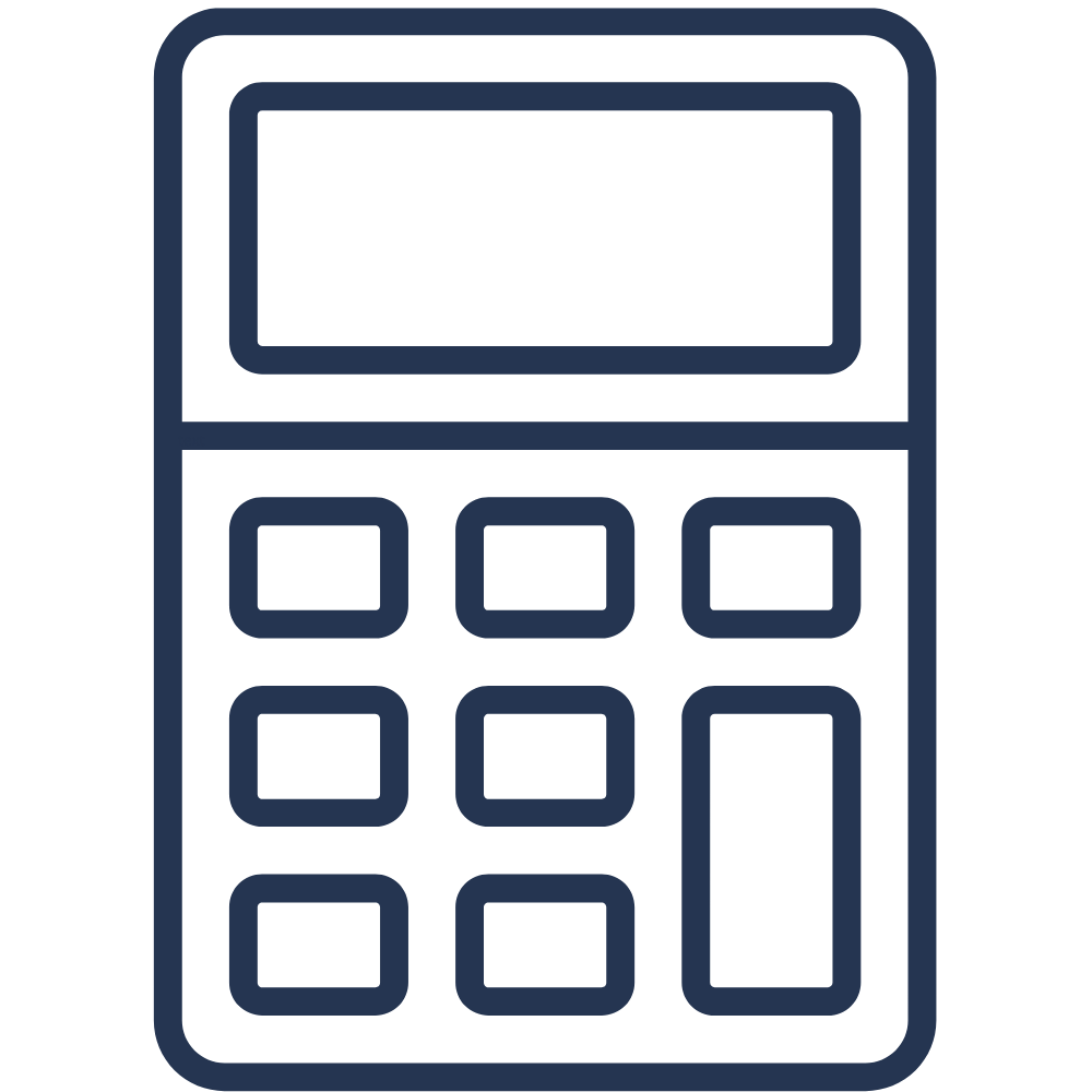 Outline drawing of a calculator with a display screen and multiple buttons.