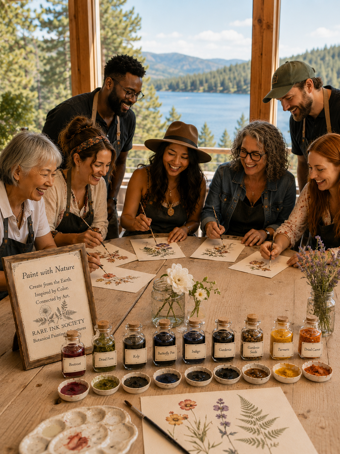 A group of seven women and two men participating in a botanical painting class indoors with a large window overlooking a lake and forest. The table has watercolor paint bottles labeled with plant names, botanical illustrations, and a framed sign that reads 'Paint with Nature. Create from the Earth. Inspired by Color. Connected by Art. Rare Ink Society Botanical Painting Adventures.' The women are smiling and painting botanical designs.