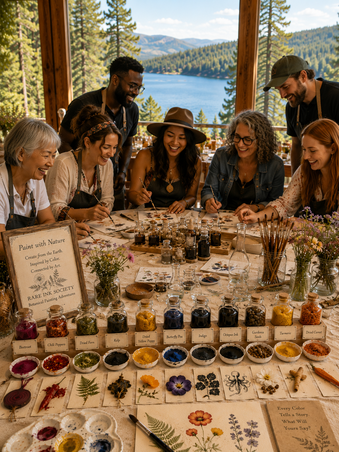 A group of people happily painting and exploring botanical art at a nature-inspired painting workshop, set against a scenic lake view with pine trees.
