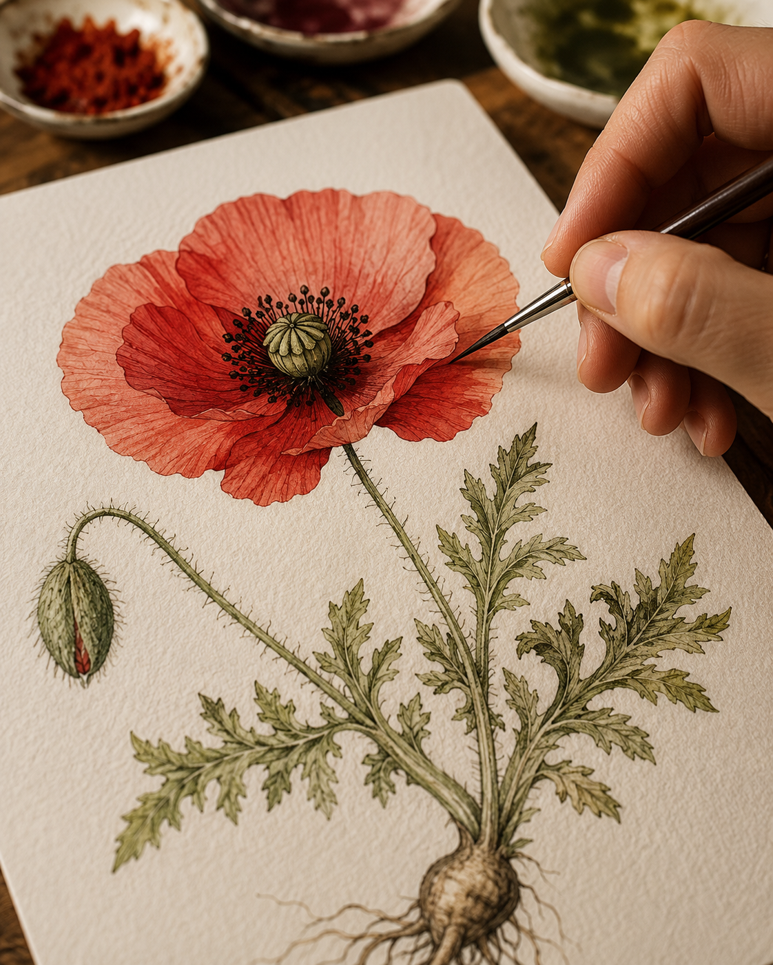 An artist carefully paints a detailed botanical illustration of a red poppy flower with green leaves and a seed capsule, using fine brushes on textured paper, with small bowls of paint or ink in the background.