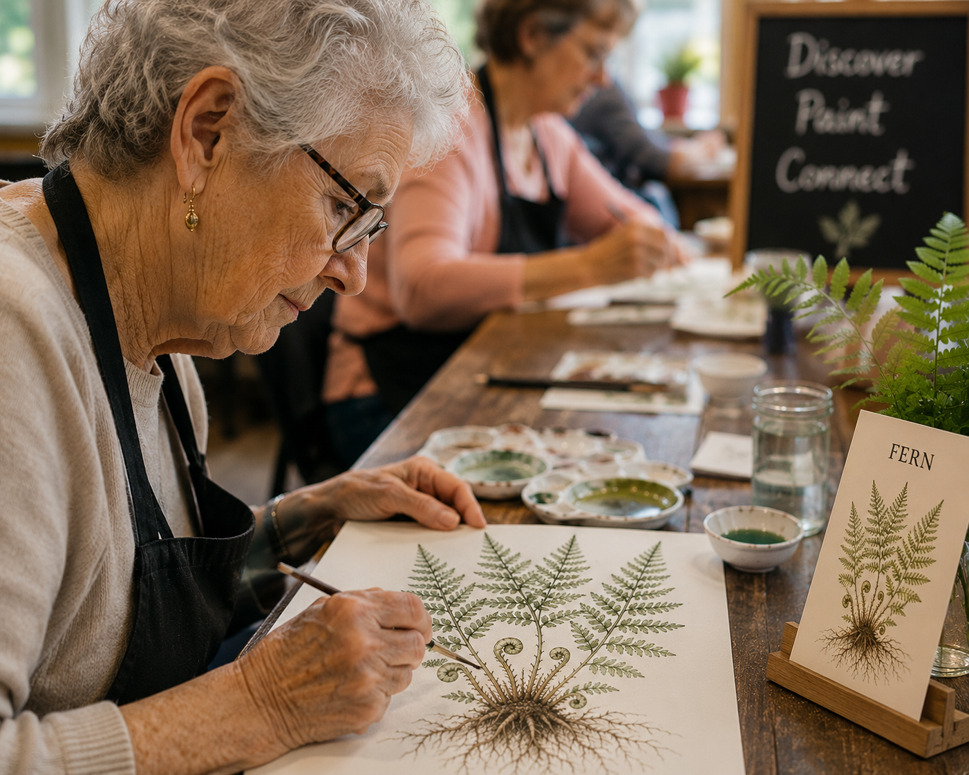 An elderly woman painting a detailed fern illustration with watercolors at a table, surrounded by art supplies and a floral arrangement.