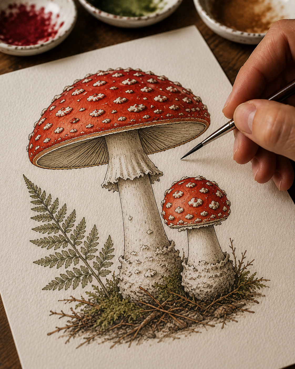 Artist drawing a detailed illustration of red mushrooms with white spots and ferns on textured paper.
