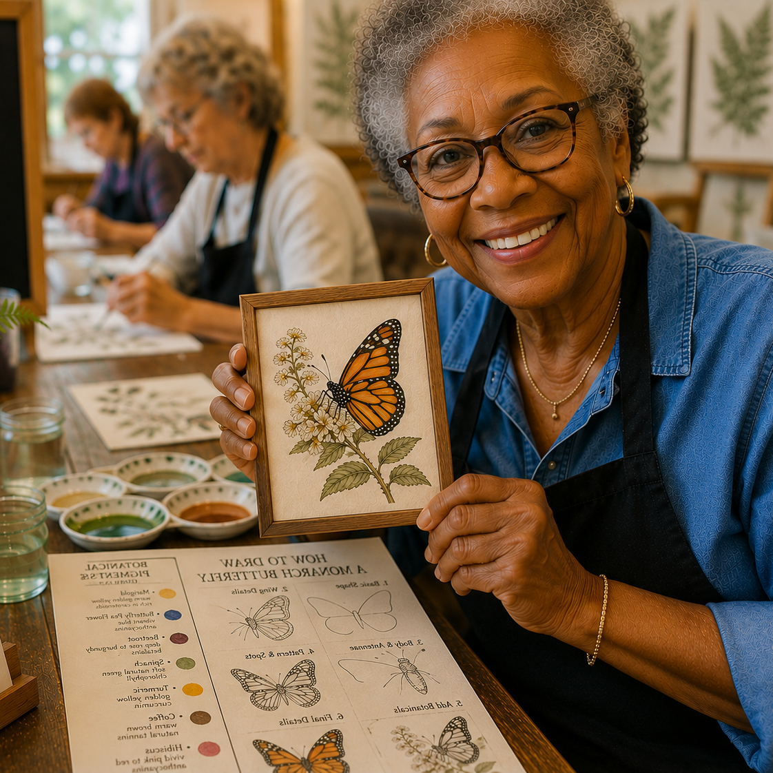 Elderly woman smiling and holding a framed illustration of a monarch butterfly on a flower, sitting at a table with paint supplies and other women in the background in a botanical setting.