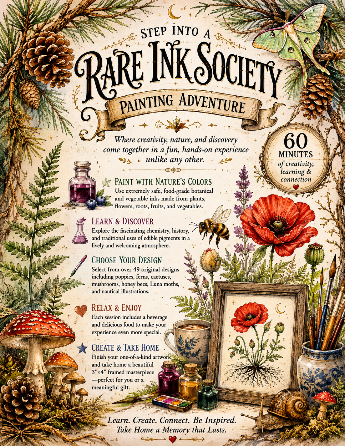 Decorative poster for 'Rare Ink Society Painting Adventure' featuring nature-themed artwork including pinecones, mushrooms, flowers, a bee, a butterfly, and art supplies like paints and brushes, with a quote and information about the event.