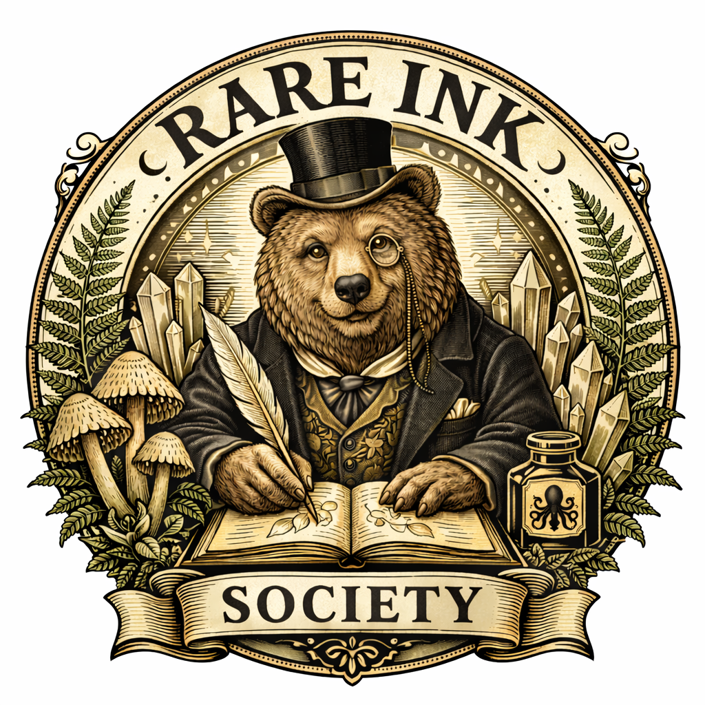 A bear dressed as a sophisticated gentleman, wearing a top hat, monocle, and a suit with a bow tie, sitting at a desk with an open book, writing with a quill pen. The background includes crystals, mushrooms, fern plants, and a decorative border. The text 'Rare Ink Society' is at the top and bottom of the image.