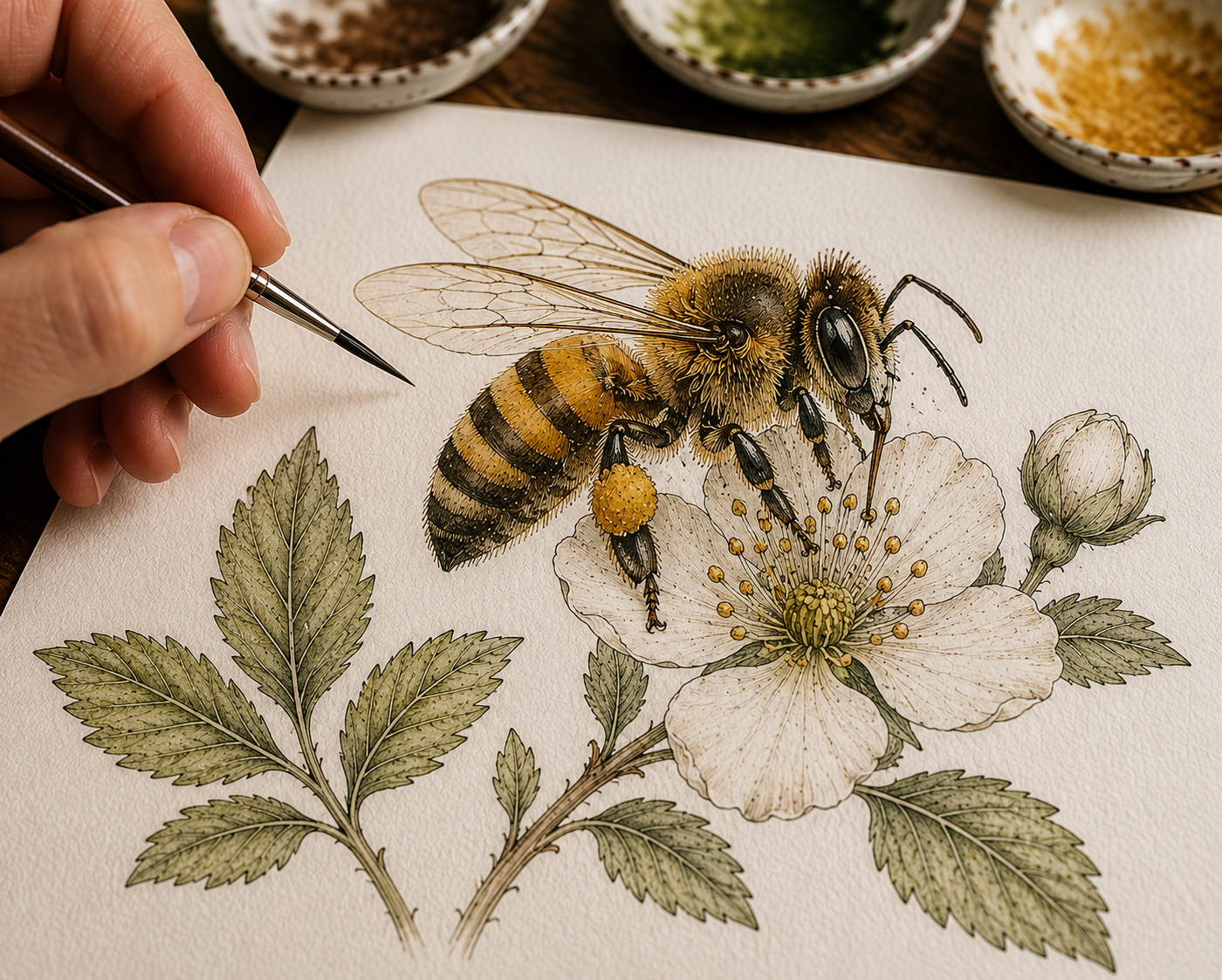 A person is painting a detailed botanical illustration of a bee on a flower, with small bowls of paint in the background.