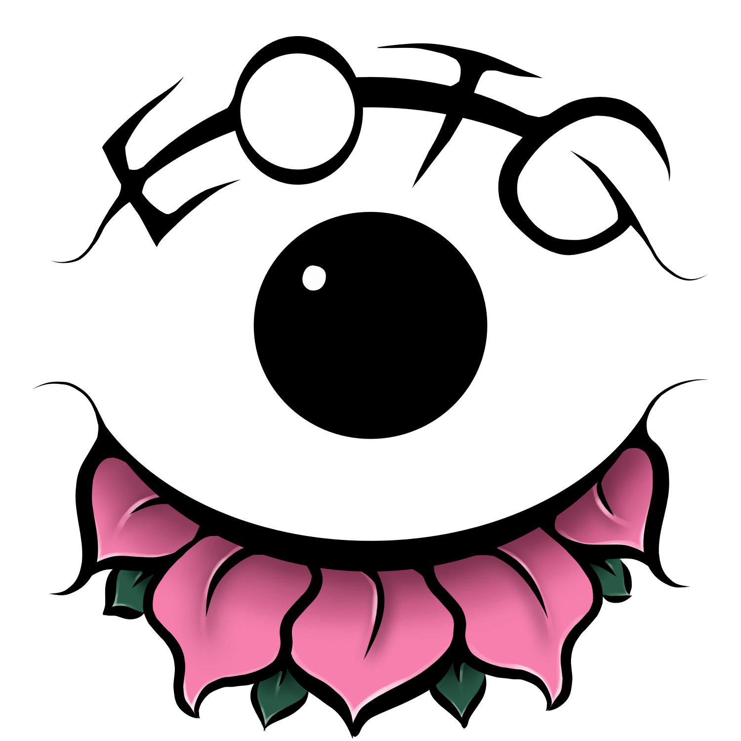 A smiling cartoon face with a black circular head and pink flower petal-like shapes at the bottom, resembling a flower around the face.