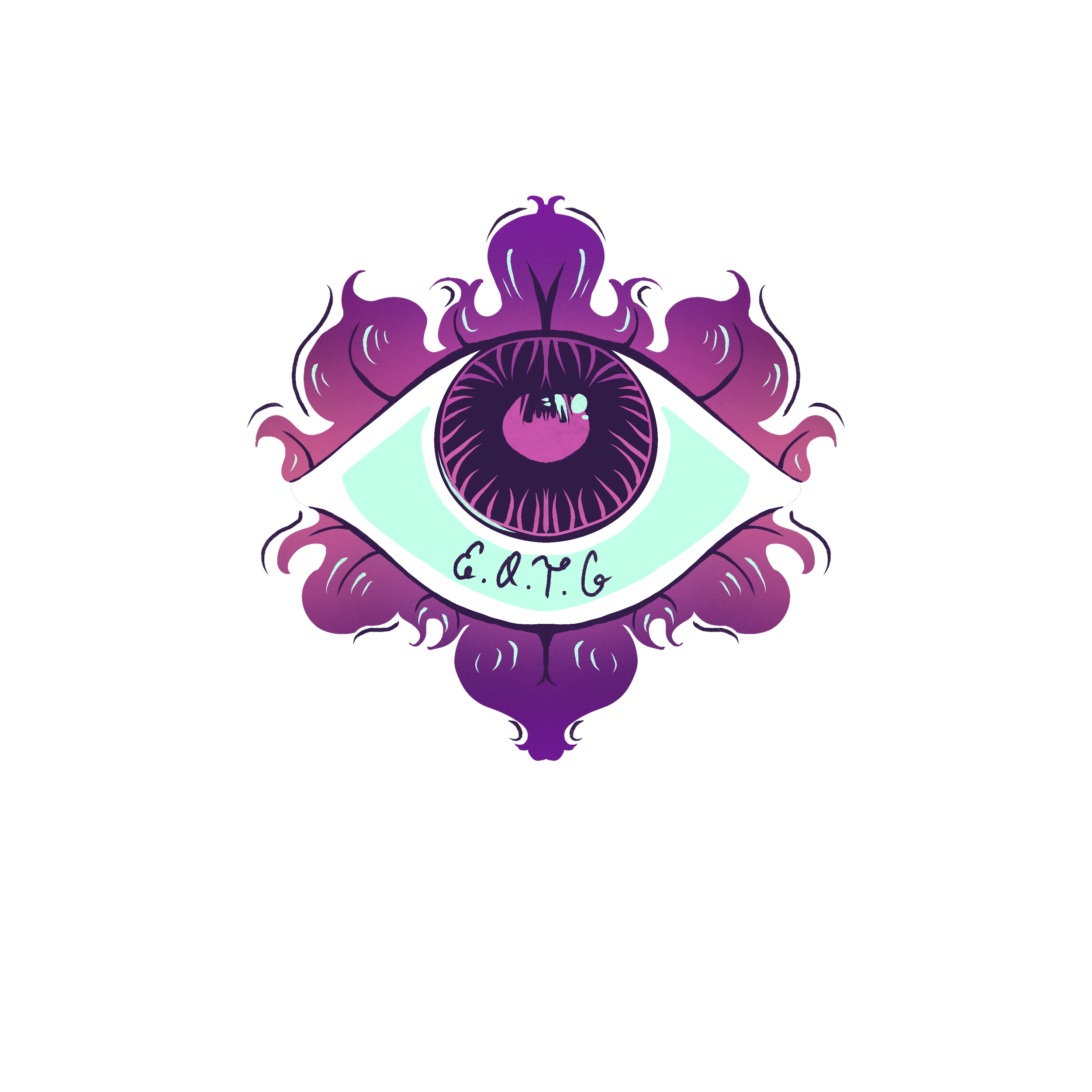 A stylized purple and pink illustration of a rose or flower with a white square overlay containing the text 'E.C.G' in black.