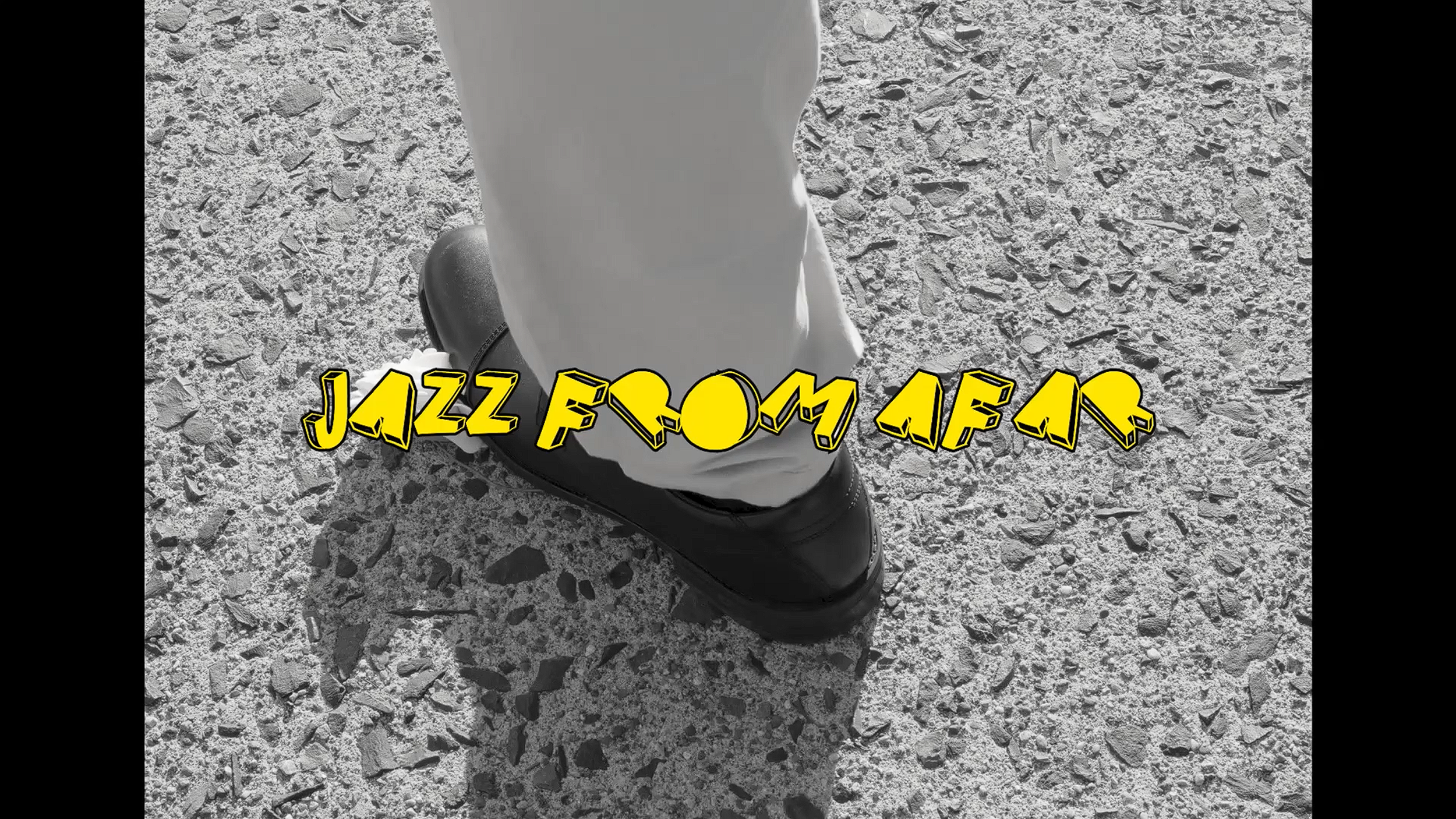 A black boot stepping on a person's white pants on a gravel ground, with bold yellow text reading 'Jazz Fcom Jfar' overlaid on the image.