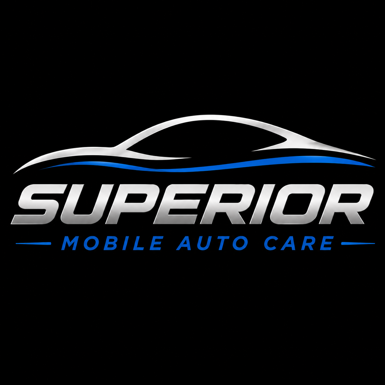 Logo for Superior Mobile Auto Care with a stylized car outline and text in silver, blue, and white on a black background.