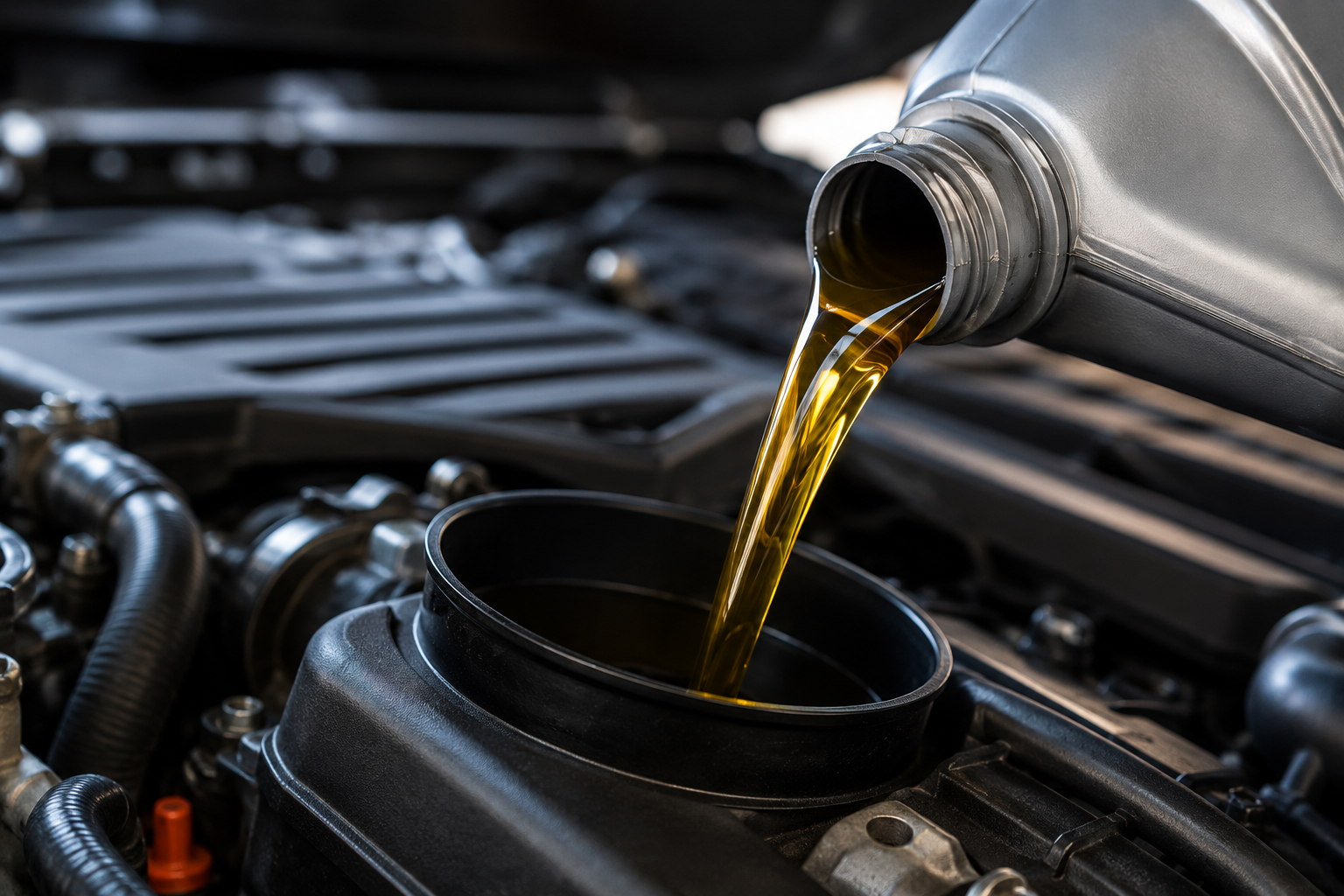 Engine oil being poured into a car engine from a gray bottle.