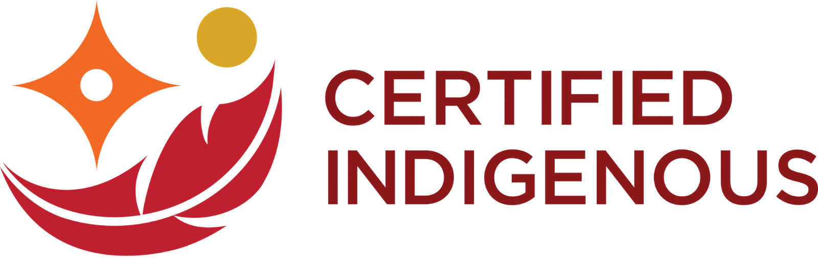 Logo of Ceritified Indigenous with an indigenous art design featuring a bird in red, orange, and purple colors.