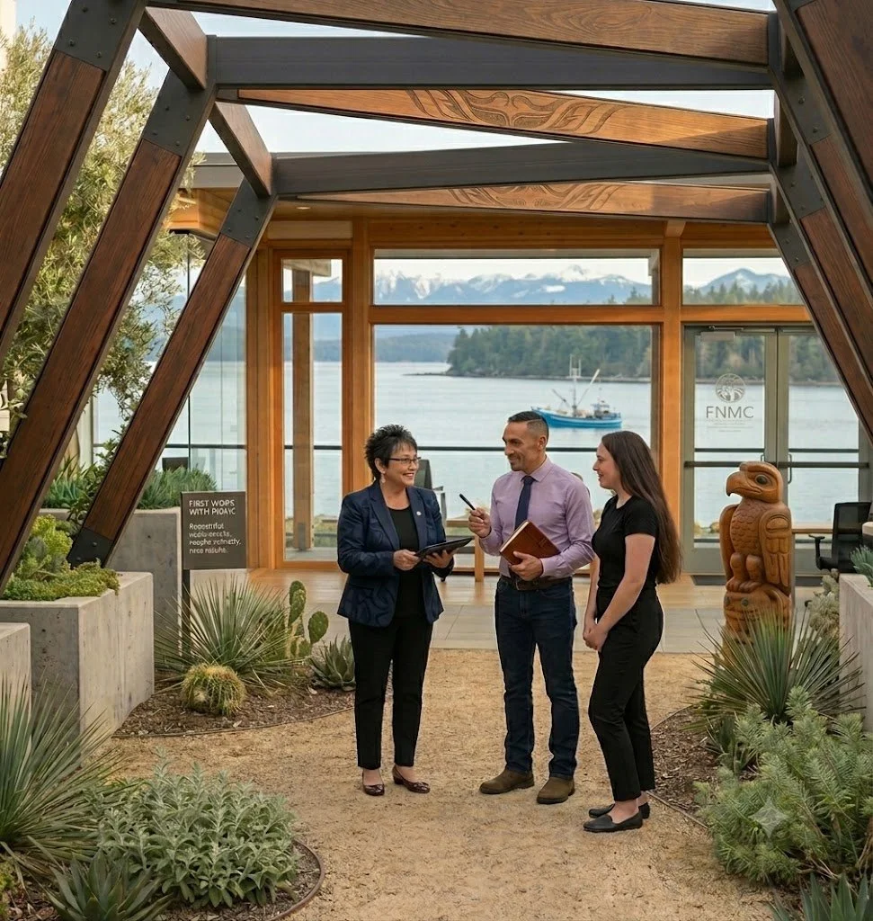 Three people, two women and one man, are standing inside a building with large windows overlooking a body of water and mountains. They are engaged in conversation, holding notebooks and a pen. The scene appears professional, with art and plants surrounding them.