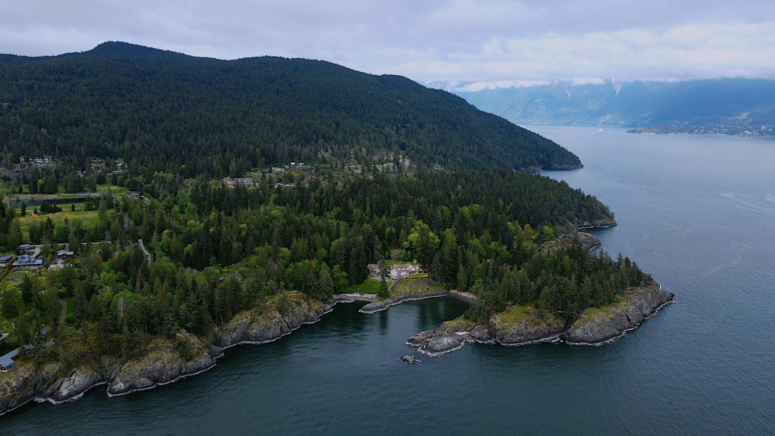 Aerial view of a forested coastline with houses along the edge, overlooking a large body of water, surrounded by mountains with snow-capped peaks.