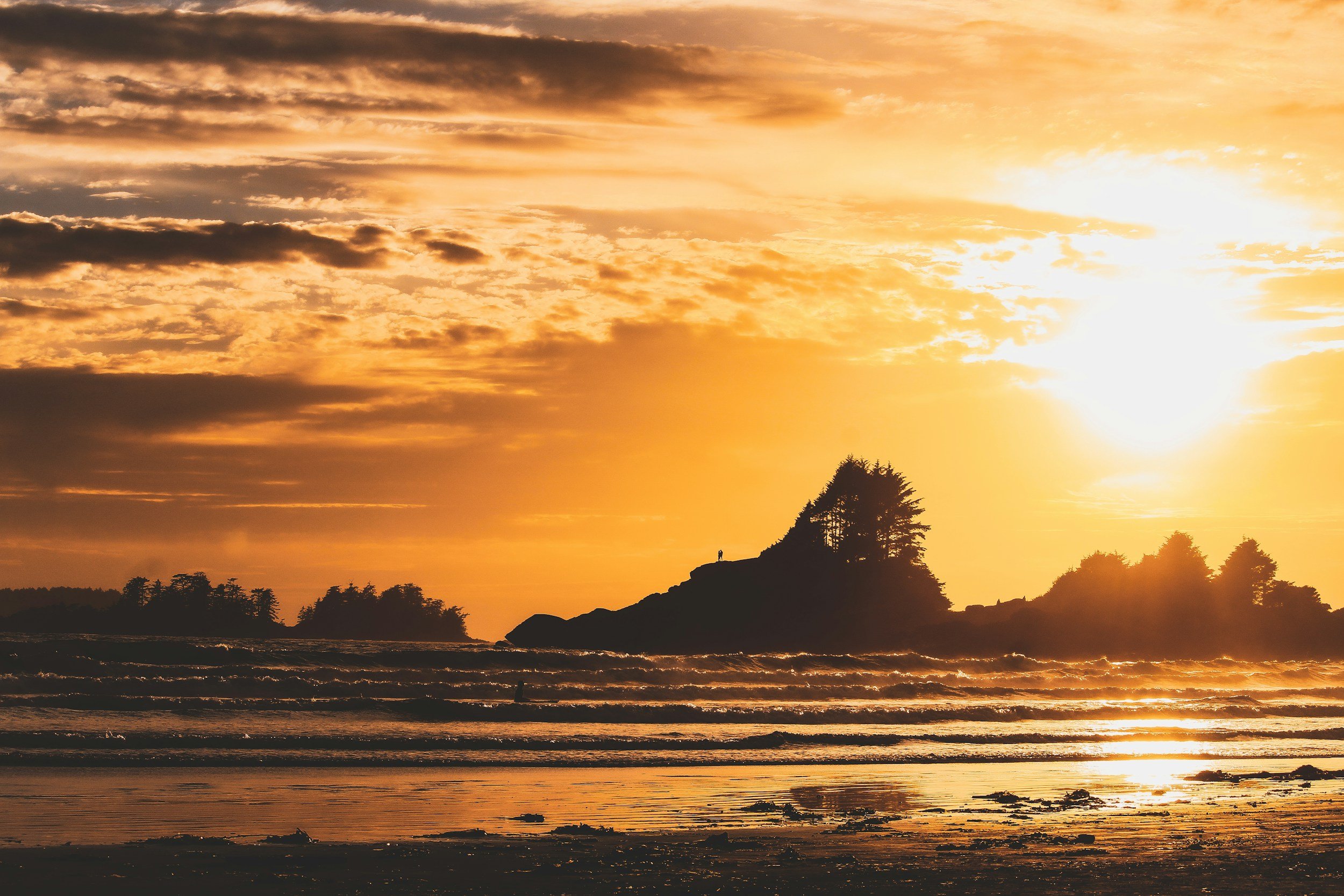 Sunset over a beach with dark clouds, silhouetted trees on a small hill, and ocean waves at the shore.