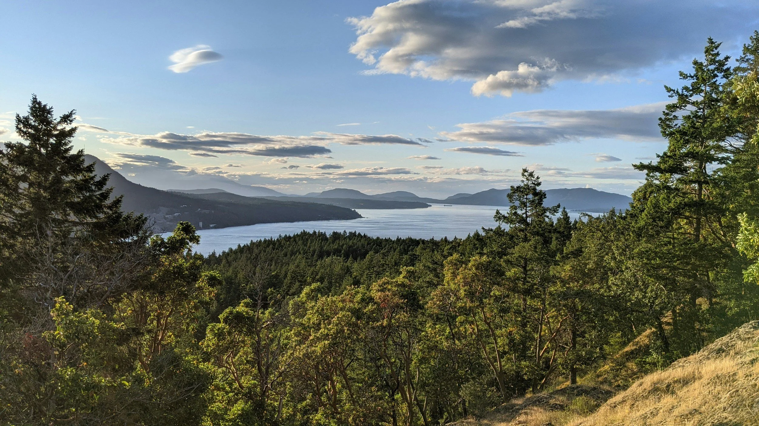 A scenic landscape view of a large body of water surrounded by dense forest, with hills and mountains in the background under a partly cloudy sky.