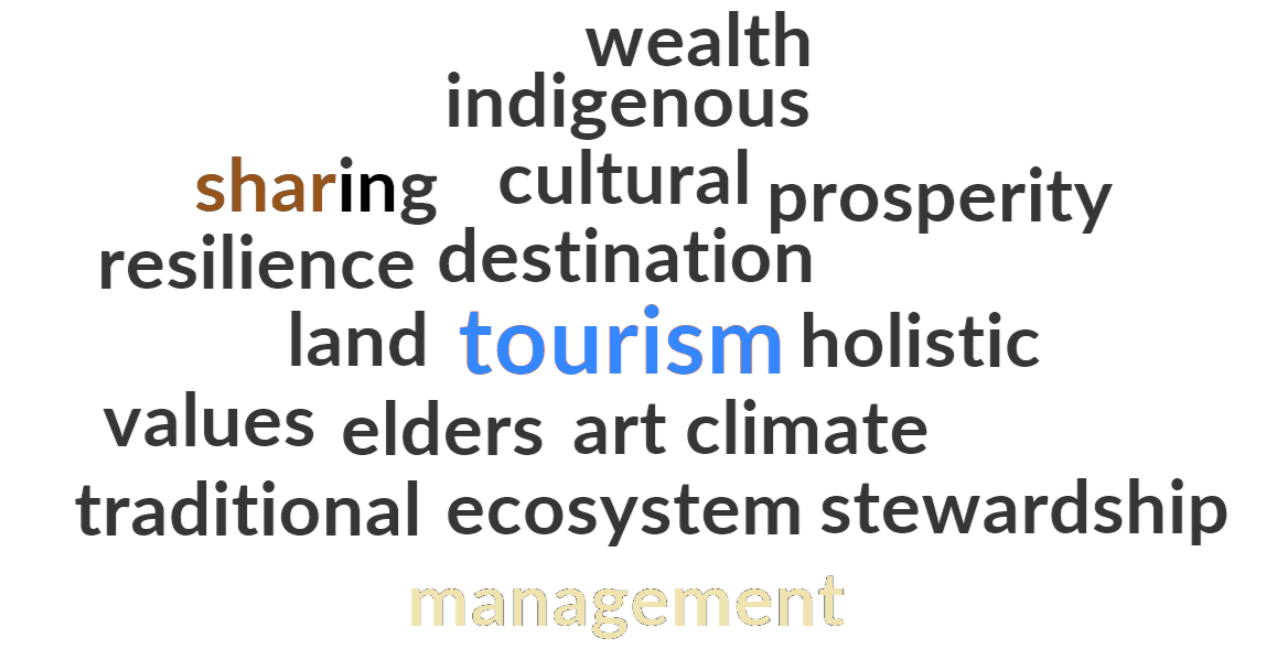 A word cloud with words related to indigenous culture, tourism, environment, and community, including 'wealth,' 'indigenous,' 'sharing,' 'cultural,' 'prosperity,' 'resilience,' 'destination,' 'land,' 'holistic,' 'values,' 'elders,' 'art,' 'climate,' 'traditional,' 'ecosystem,' 'stewardship,' and 'management.'