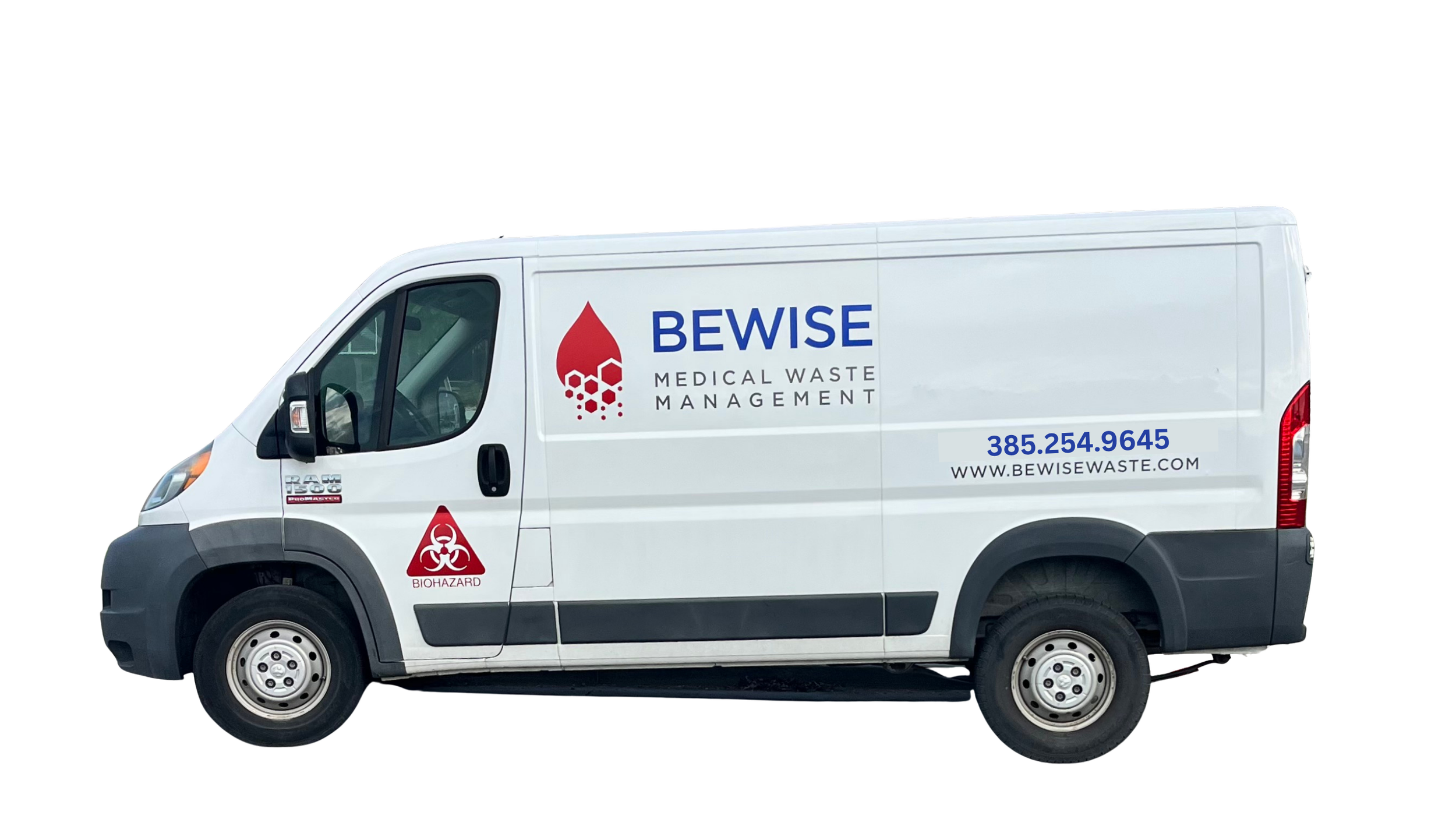 White BEWISE medical waste management van with logo, contact number, website, biohazard symbol, and biohazard warning on side, against black background.