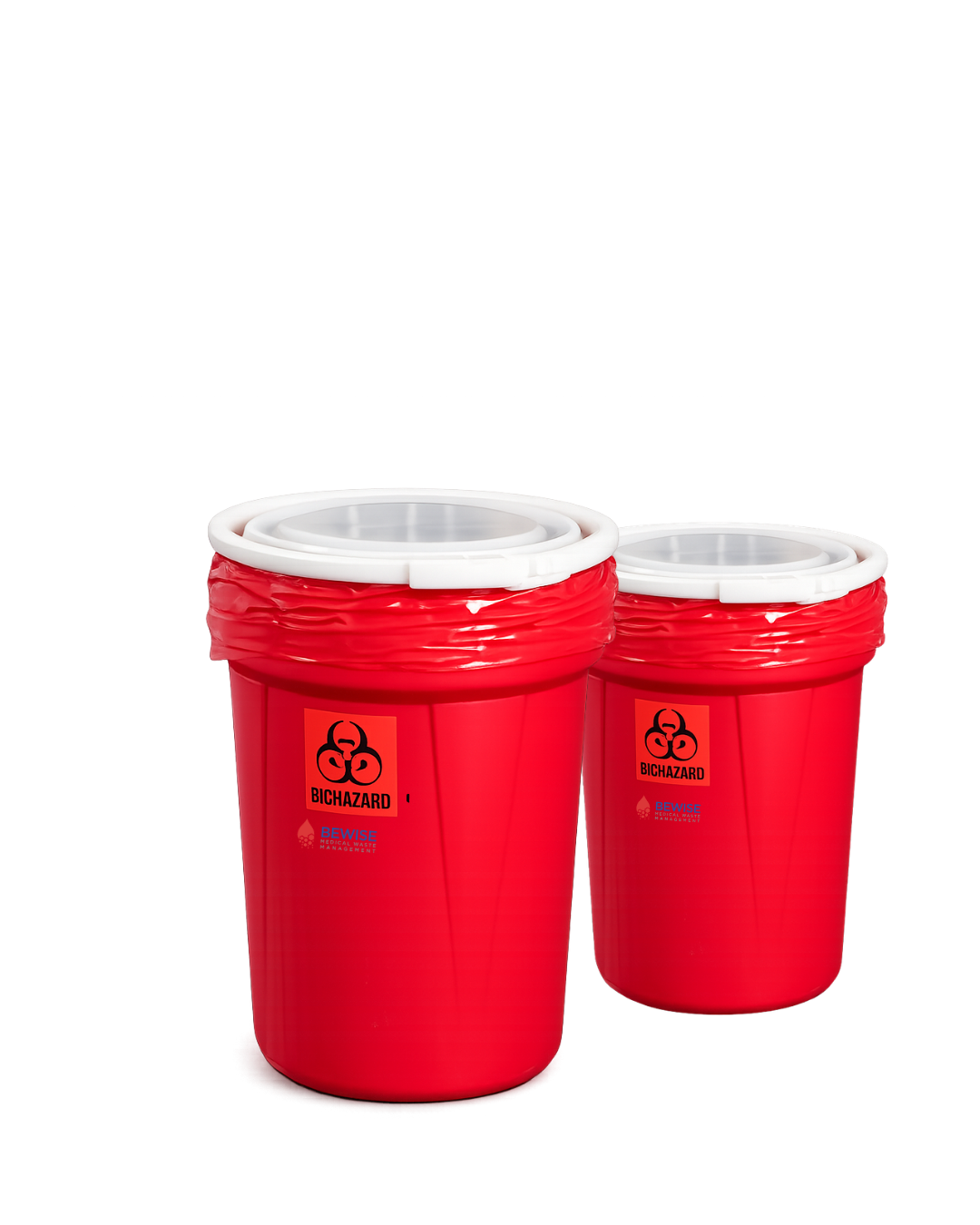 Two red biohazard waste disposal containers with white lids, labeled with biohazard symbols.