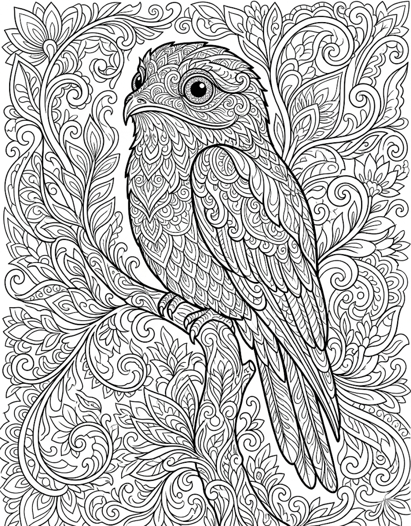 Black and white coloring page of an intricately detailed eagle perched on a branch, surrounded by elaborate swirling foliage and floral patterns.