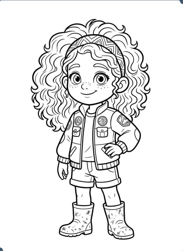 Line drawing of a girl with curly hair, wearing a headband, a jacket with patches, shorts, and rain boots, standing with one hand on her hip and smiling.