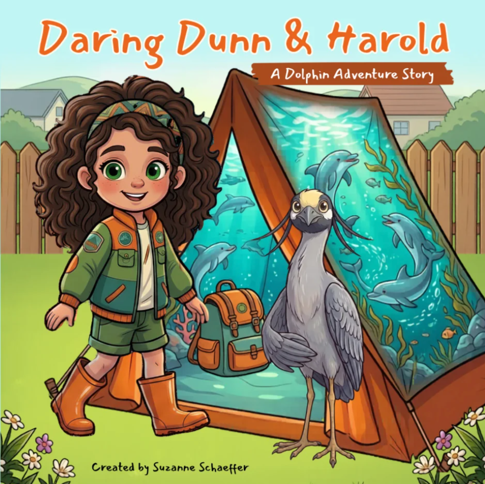 A young girl with curly brown hair, green eyes, and a colorful headband standing outdoors next to a display of dolphins and a heron. She is wearing a green jacket with orange accents, matching shorts, and orange rain boots. The background features a wooden fence, houses, trees, and a blue sky, with some flowers in the foreground. There's also an orange backpack beside her.