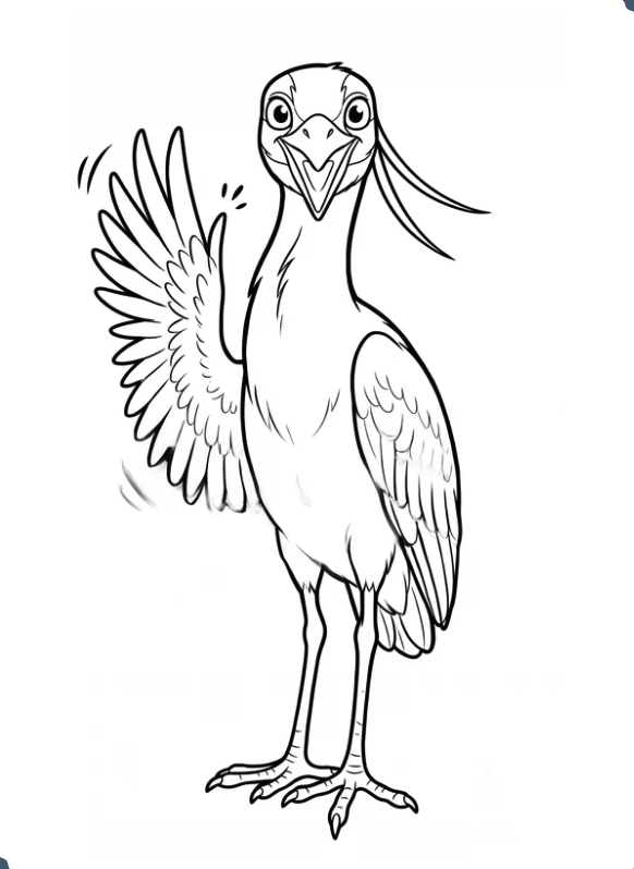 A cartoon drawing of a friendly-looking bird with a beaming smile, one wing raised, and the other wing folded.