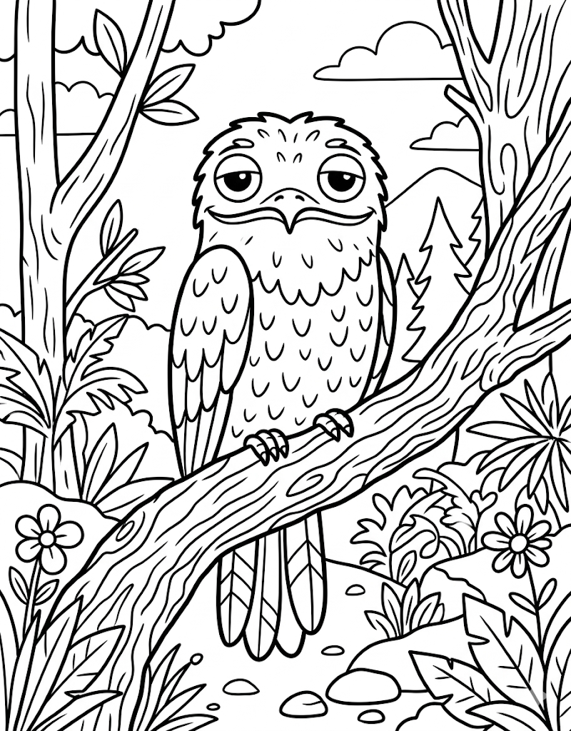 Coloring page of an eagle perched on a tree branch in a natural outdoor setting with hills, trees, clouds, and flowers.