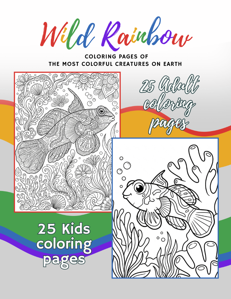 Cover of a coloring book titled 'Wild Rainbow' with 25 adult and kids coloring pages, featuring a black and white illustration of a fish and underwater plants.