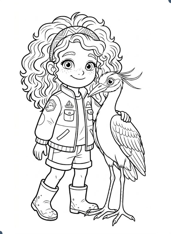 A black and white coloring page of a young girl with curly hair wearing a jacket, shorts, and rain boots, standing beside a large bird, possibly a heron.