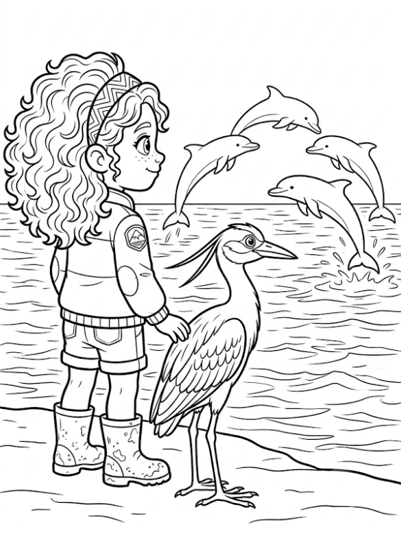 A girl standing on a beach holding hands with a heron, while dolphins jump in the water in the background.